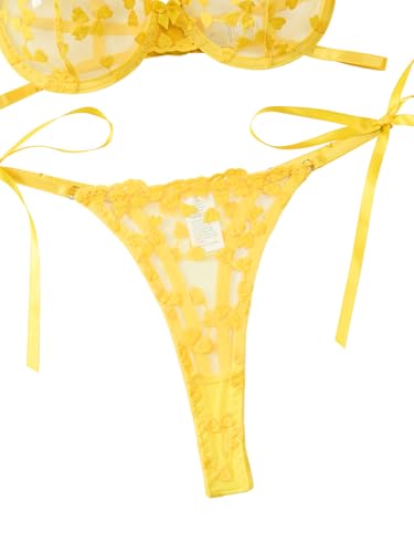Image of Lilosy Sexy Tie Side Cute Underwire Push Up Strappy Embroidered Mesh Sheer Lingerie Set