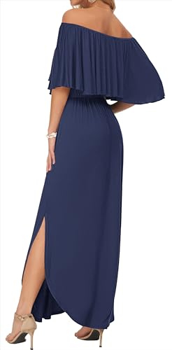 Image of AUSELILY Womens Off Shoulder Ruffle Split Summer Maxi Dresses with Pockets | Off-shoulder Ruffle dress with empire waist & side split for summer beach and casual parties