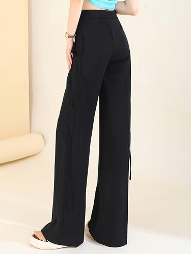 Women's Ruched Suit Pants Wide Leg Trousers Black Personality Lace Up with Pocket Elastic High Waist Baggy Pants Black XXL3