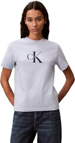 Calvin Klein Damen T-Shirt Kurzarm Hero Classic Monologo Tee mit Rundhalsausschnitt, Blau (Breezy Blue), XXS