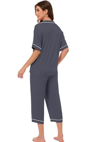 Image of LUBOT Womens Bamboo Viscose Pajamas for Women PJ Set 2 Piece Cooling Soft Short Sleeve Capri Pants Summer Sleepwear Set S-XXL