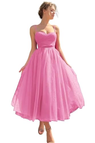 Image of A line Ruched Tulle Prom Dress Spaghetti Straps for Women, Tea Length Sweetheart Homecoming Dress Cocktail Dress