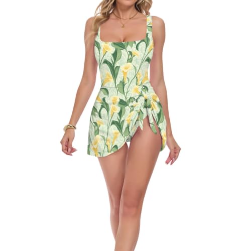 Maillot de bain jaune Calla imprimé lys pour vacances à la plage