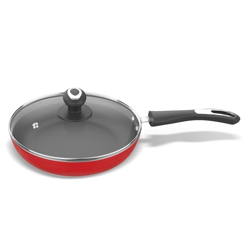 Image of Preethi Dura Collection Non Stick Fry Pan, 24 cm, with Glass Lid, Gas & Induction Compatible, 5 Star Non Stick Effect, Chilly Red