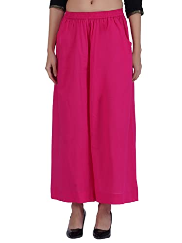 Image of fabcoast Loose Fit Palazzo Pants for Women A-Line Flared Wide Leg Summer Ethnic wear Pure Cotton Cambric with Full Elastic Waistband and 2 Side Pockets