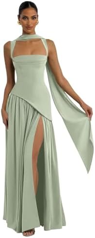 Spaghetti Straps Bridesmaid Dress for Women with Scarf Chiffon Ha...