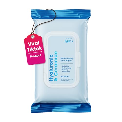 Radiant Aura Hyaluronic Acid & Ceramide Face Wipes Dermatologist Tested Anti-Aging Korean Skin Care Removes Makeup Deep Hydration Strengthens Skin Barrier Vegan Clean Beauty 60 Count