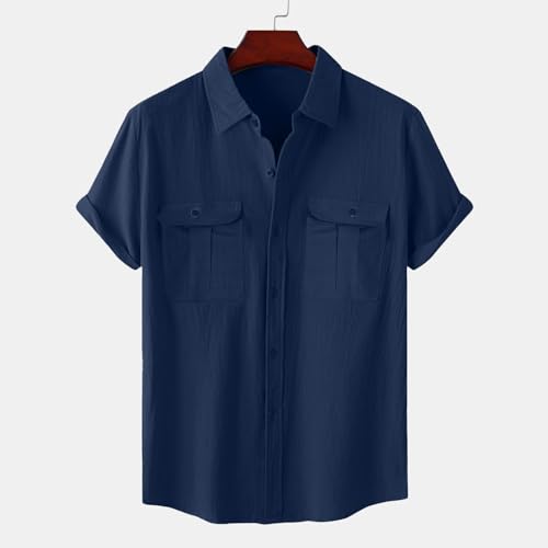 Uillui Mens Linen Shirts Short Sleeve Casual Fishing Shirts Classic Tees Button Dress Shirt Beach Summer Vacation Essentials2