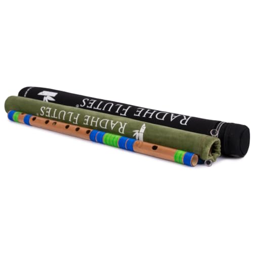 Image of Radhe Flutes Bamboo Bansuri C Sharp Right Handed Middle Octave (18 inch) With Hard Cover (Beige Flute With Blue & Green Threads)