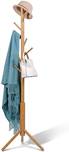Image of Ginoya Brothers Wooden Coat Rack, Freestanding Hall Tree with Hooks Easy to Assemble Suitable for Children and Adult, Hat Clothes Rack Stand for Bedroom Office Entrance. (92-2 Beige)