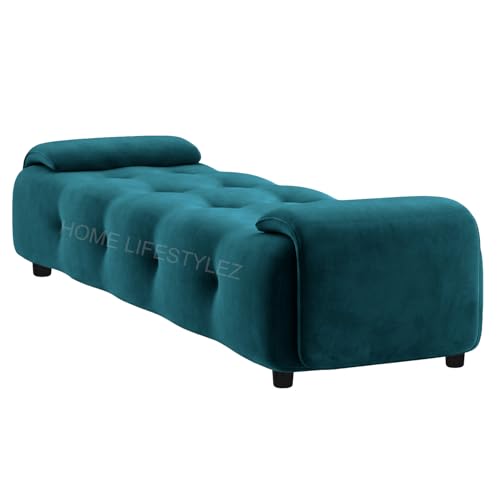 Image of Home Lifestlez Monel 2 Seater Tufted Ottoman Bench | Velvet Upholstered | Seating Bench Window Bench Footrest Stool End of Bed Bench Living Room Furniture | Comfortable & Stylish - T Blue
