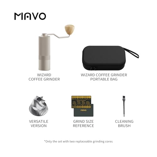 Image of MAVO Manual Coffee Grinder, Wizard Hand Coffee Grinder, Capacity 25g with CNC Stainless Steel Pentagon Conical Burr, Adjustable Setting, Burr Coffee Bean Grinder for French Press, Pour Over, Silver