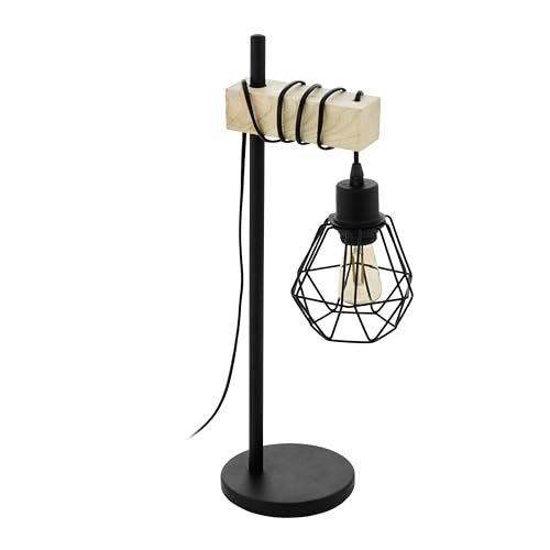 Eglo Townshend 5 Lampada da tavolo vintage, design industriale, lampada retrò, lampada da comodino in acciaio, legno, colore: nero, marrone; attacco: E27, interruttore incluso, certificazione FSC