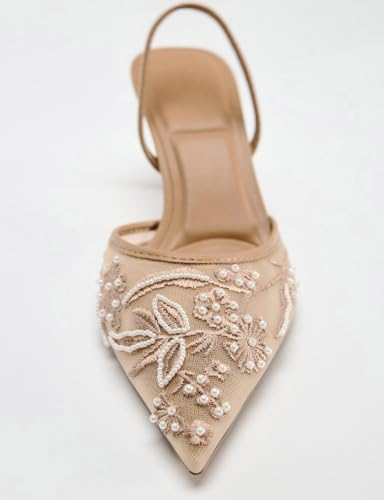 Women's Embroidered Mesh Slingback Heels for Women White Pearl Kitten Heel Pumps Pointed Toe Wedding Shoes White Slingback Heels2