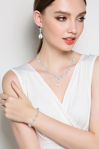 Bridal Wedding Elegant Floral Jewelry Set for Women/Brides/Bridesmaids Crystal Jewelry Set for Wedding Prom Party Bridal Crystal Necklace Earrings Bracelet Set4