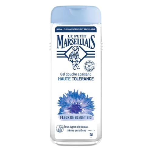 Le Petit Marseillais , Gel Douche Apaisant Haute Tolérance Fleur de Bleuet Bio (flacon de 400 ml) – 98 % d'ingrédients d'origine naturelle – Pour tous types de peaux, même sensibles