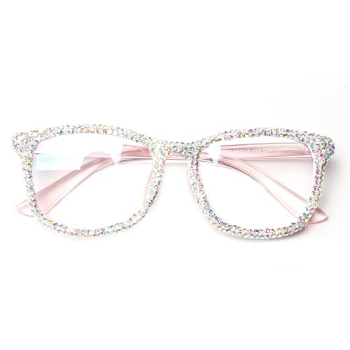 bullabulling Square Crystal Rhinestone Reading Glasses for Women Sparkling Eyewear Frames Female Trendy bling Diamond (AB, 1.75, x)