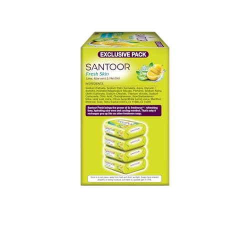 Image of Santoor Fresh Skin Bathing Soap with Lime, Aloe vera & Menthol|Experience 3X Freshness Like Never Before|For All skin Type|150G, pack of 4