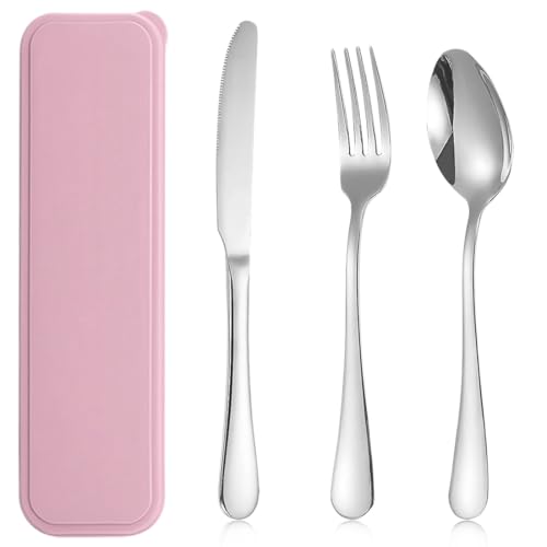 3PCS Cubiertos Camping de Acero Inoxidable, con Estuche Escolares,Juego de Cubiertos para Camping,Porta Cubiertos para Llevar al Trabajo Portátiles,para Exteriores Viajes Camping (Rosa)