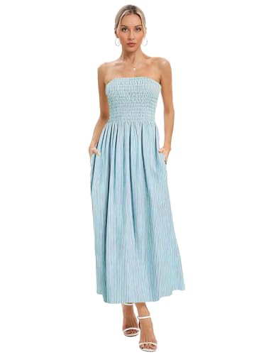 Image of Women Strapless Smocked Flowy Swing Boho Maxi Dress Tube Top Beach Dress | Smocked Bodice Flowy A Line Beach Dress with Pocket Casual Vacation Beach Wedding Guest Dress Off Shoulder Boho Dresses