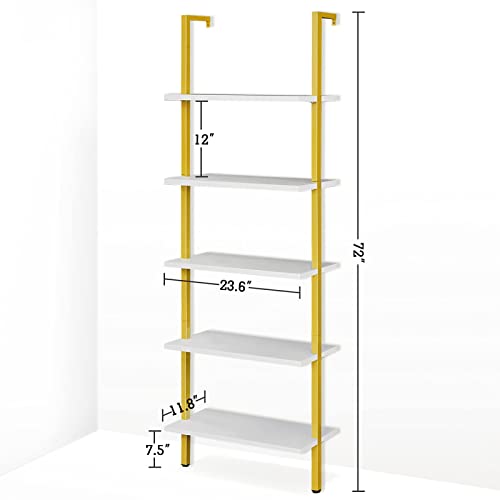 Praisun Ladder Shelf, 5 Tier Industrial Bookshelf For Bedroom, Open Wall Mount Bookshelf, Display Storage Rack Organizer, White And Gold Shelves #TOP2
