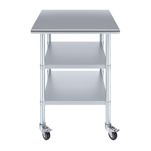 Image of AmGood Stainless Steel Work Table with 2 Shelves and Casters | Metal Utility Table On Wheels (Stainless Steel Work Table with 2 Shelves + Casters, 30 inch Long x 30 inch Deep)