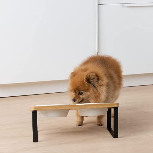 Navaris 2X Fressnapf aus Keramik mit Metall Ständer - Katzennapf Hundenapf 2 Stück im Set - Erhöhter Futternapf Katze Hund - Napf in Schwarz Natur