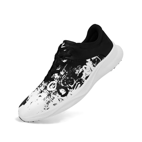 Onegam Spikeless Golf Shoes for Men Women, Artistic Design Breathable Waterproof Fashion Sports Golf Sneakers with Heel Vent Black/White Black