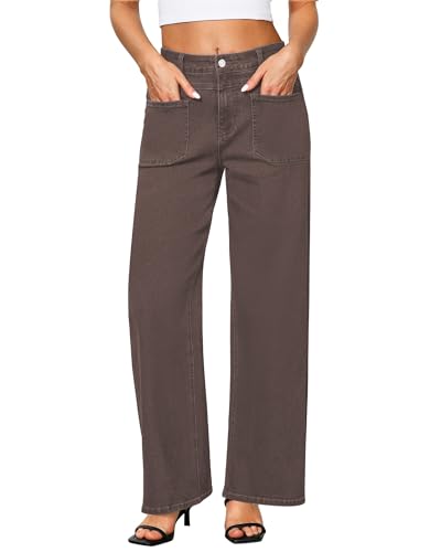 GRAPENT Wide Leg Jeans for Women Trendy High Waisted Loose Straight Leg Stretchy Retro Denim Pants with Pouch Pockets