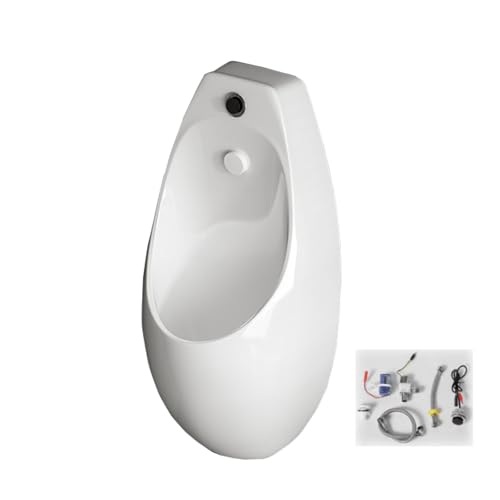 Urinal de pared para hombres, uso comercial y doméstico, urinal cerámico blanco con sensor y descarga manual, doble descarga, antiesplashes, drenaje de pared o piso, incluye kit de instalación miniatura 1