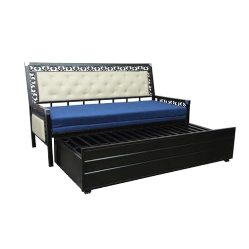 Image of Rexo Metal Sofa Cum Bed with Hydraulic Storage | 3 Seater Convertible Sofa Bed for Living Room | Heavy Duty Metal FrameMatte Black Finish with Blue Cushion, King