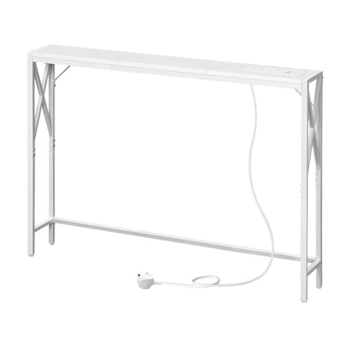 MAHANCRIS Console Table with Charging Station 100 CM Narrow Sofa Table Long Entryway Table Hallway Table with USB Ports Behind Couch Table with Power Outlets White ACTWT151KE01