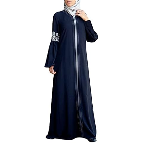 Women Full Zip Muslim Dresses Abaya Long Sleeve Ethnic Style Maxi Dress Middle Eastern Muslim Gown Blue Cover