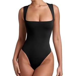 REORIA Butsmooth® Women’s Sexy Sleeveless Square Neck Double Lined Basic Bodysuit Tank Tops