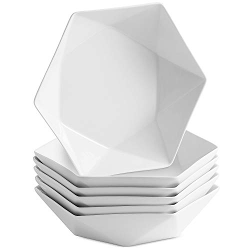 MITBAK 30 Ounce Bone china Pasta Bowls | Set of 6 Diamond Shaped White Serving Bowl Plates For Pasta, Ramen, Cereal, Soup, Fruit, Pho, Salad, Dessert | Decorative Bowls Make An Excellent Gift