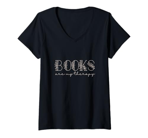 Mujer Books Are My Therapy Lover Bookish Librarian Boho Floral Camiseta Cuello V
