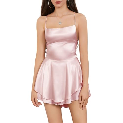 LouVasabuce Women Sexy Backless Short Romper Satin Dress Cowl Neck Tie Ruffle Layer Spaghetti Strap Jumpsuit Mini Dress Light Pink