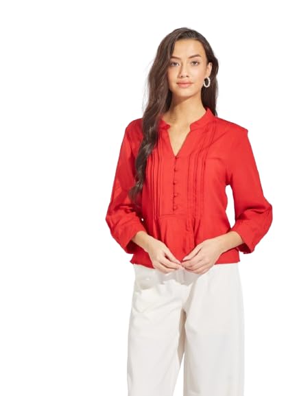 latin quarters Women Red 3/4 Sleeve V-Neck Solid Top-picture-10