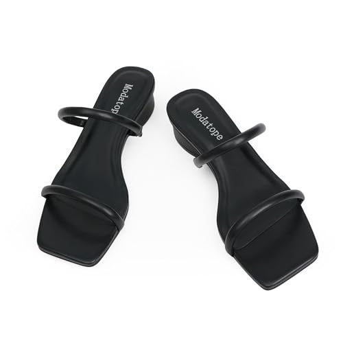 Image of Modatope Square Open Toe Heeled Sandals Women Two Strap Chunky Heel Sandals for Women Low Block Heel Sandal Dressy