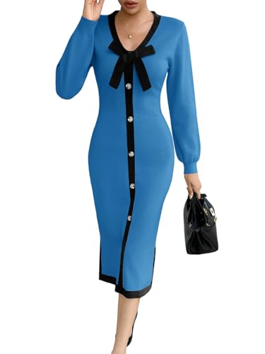 Robe pull col en V manches longues tricot boutonné nœud femme