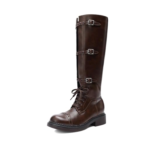 DREAM PAIRS Women's Knee High Boots Combat Boots Goth Boot Lace Up Adjustable Buckles Chunky Low Heel Fall Booties with Side Zipper to Put on and off 6.5 Dark Brown