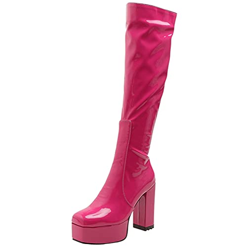 Meefit Women Platform Knee High GoGo Boots Square Toe Block High Heel Knee Length Boots Full Zip(hot pink,US9)