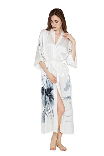 OLDSHANGHAI Women's Silk Kimono Robe Long - Handpainted - Lotus Black & White, 100 Percent Silk Robes for Women with Handpainted Design, Long Silk Robe 52 inches in Length, One Size Fits Most.