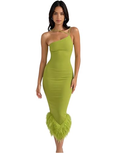 Suillty Sexy One Shoulder Feather Hem Midi Dresses for Women Elegant Sleeveless Bodycon Long Dress Cocktail Party Dresses Green