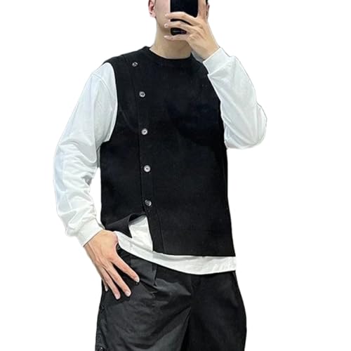 Men's Sleeveless Knitted Vest Crewneck Button Down Loose Fit Streetwear Sweater Waistcoat