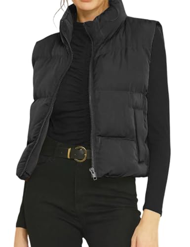 Gihuo Women's Winter Cropped Puffer Vest Stand Collar Zip Up Sleeveless Padded Jacket Lightweight Outerwear