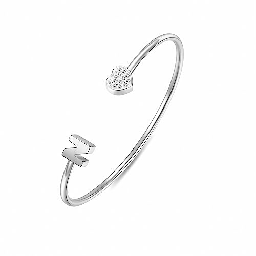 Image of VQYSKO Heart Initial Cuff Bracelets for Woman-CZ Stainless Steel Adjustable Open Bracelet Woman Jewellery,Birthday Gifts for Woman