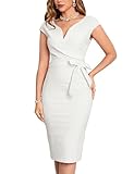 MUXXN Women's Retro Wrap V-Neck Cap Sleeve Semi Formal Knee Length Work Business Pencil Dress Off White S