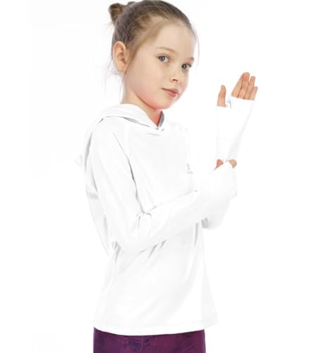 Mädchen Langärmeliges Hoodie Shirt mit Daumenlöchern UV Schutz T-Shirt UPF 50+ für Laufen Wandern Yoga Workouts Leichtes schnelltrocknendes Sport Pullover Top Kinder Jugendliche White 5-6