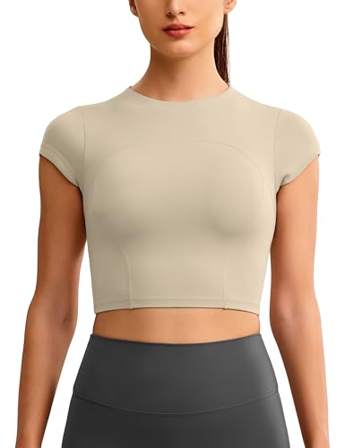 Image of ENERBLOOM Workout Crop Tops for Women Yoga Short Sleeve Removable Bra | Slim Fit, Mild Support, Crop T-Shirt, Mock Neck, Soft Comfort, High-Stretch, for Yoga,Gym & Daily Wear